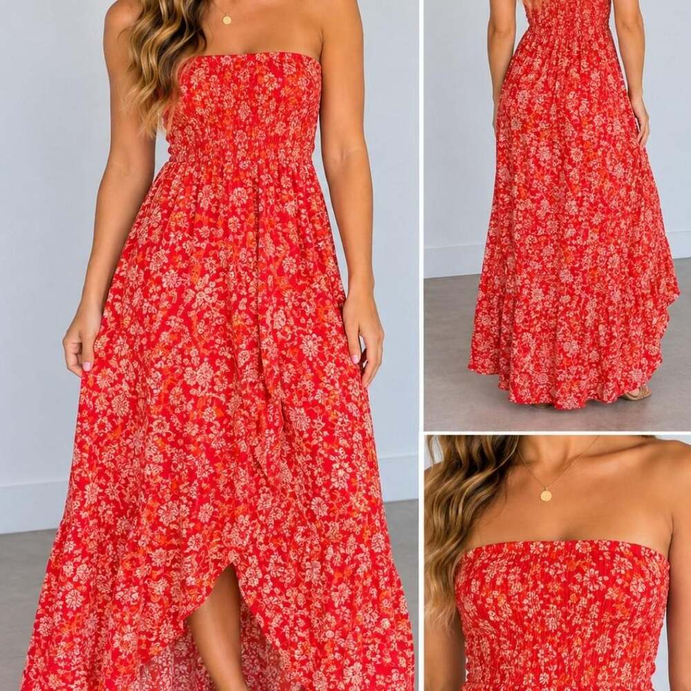 ❤️ Gilli Red Floral Strapless Maxi Dress – Size M